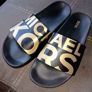 Michael Kors Gilmore Slides Black & Gold Metallic MK Logo Women's Size 10